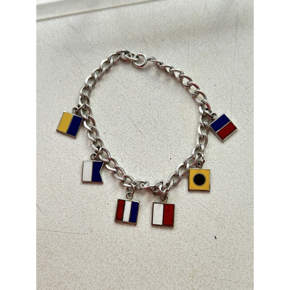 Vintage MARITIME Code of Signals Enamel Silver Flags Charm Sweetheart BRACELET